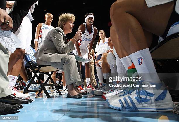 Head Coach Marynell Meadors of the Atlanta Dream speaks to her team during Game Two of the WNBA Eastern Conference Semifinals against the Detroit...