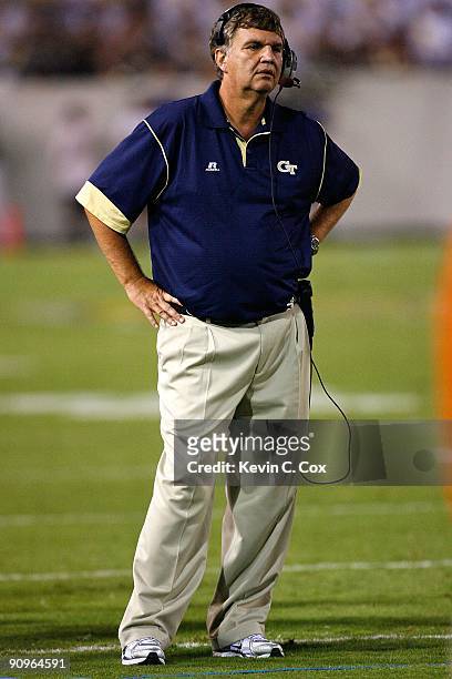 Head coach Paul Johnson of the Georgia Tech Yellow Jackets looks on against the Clemson Tigers at Bobby Dodd Stadium on September 10, 2009 in...
