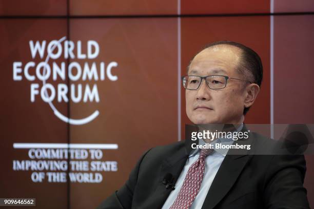 Jim Yong Kim, president of the World Bank Group, looks on during a panel session on day two of the World Economic Forum in Davos, Switzerland, on...