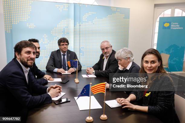 From left to right, Antoni Comin, former Catalan health minister, Roger Torrent, Catalan president, Carles Puigdemont, former Catalan president,...
