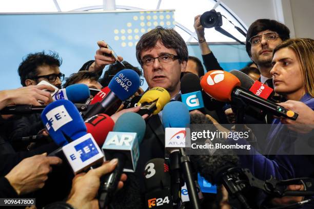 Carles Puigdemont, former Catalan president, speaks to journalists following a meeting at the offices of the European Free Alliance in Brussels,...
