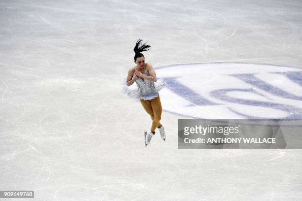 Mariah Bell of the US performs during the ladies short program at the ISU Four Continents Figure Skating Championships in Taipei on January 24, 2018....