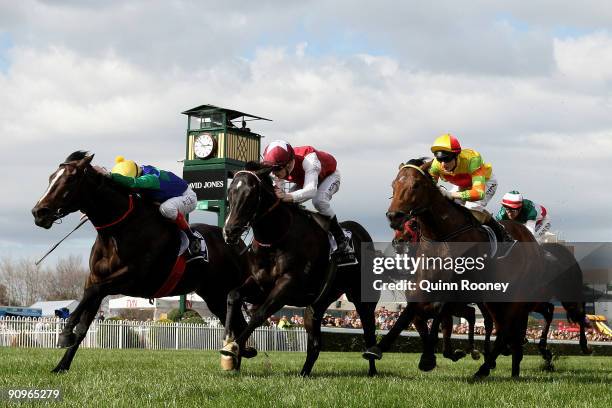 Mark Zahra riding Demerit crosses the line to win the Caulfield Guineas Prelude during the Underwood Stakes Day at Caulfield Racecourse on September...