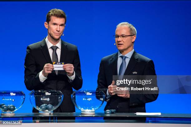 Alexander Hleb, former Belarus football player, shows the slip of Kazakhstan during the UEFA Nations League Draw 2018 at Swiss Tech Convention Center...