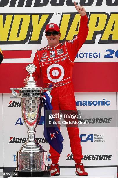 Scott Dixon, driver of the Target Chip Ganassi Racing Dallara Honda celebrates victory during the IndyCar Series Bridgestone Indy Japan 300 Mile on...