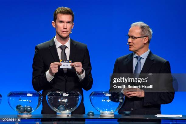 Alexander Hleb, former Belarus football player, shows the slip of Malta during the UEFA Nations League Draw 2018 at Swiss Tech Convention Center on...