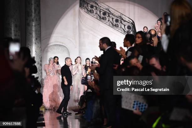 Designer Elie Saab is seen on the runway during the Elie Saab Spring Summer 2018 show as part of Paris Fashion Week on January 24, 2018 in Paris,...