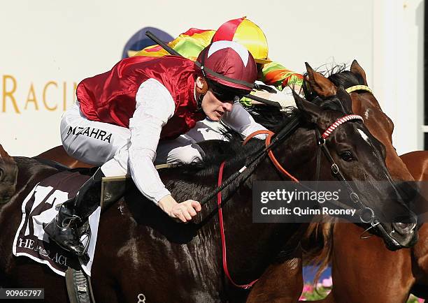 Mark Zahra riding Demerit crosses the line to win the Caulfield Guineas Prelude during the Underwood Stakes Day at Caulfield Racecourse on September...