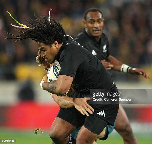 Ma'a Nonu of the All Blacks is tackled during the 2009 Tri Nations series Bledisloe Cup match between the New Zealand All Blacks and the Australian...