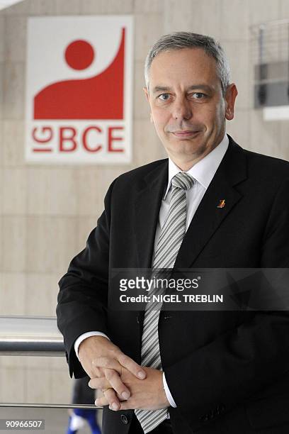 Designated chairman of the Industrial Trade Union "Bergbau Chemie Energie" Michael Vassiliadis poses in Hanover, northern Germany on September 14,...