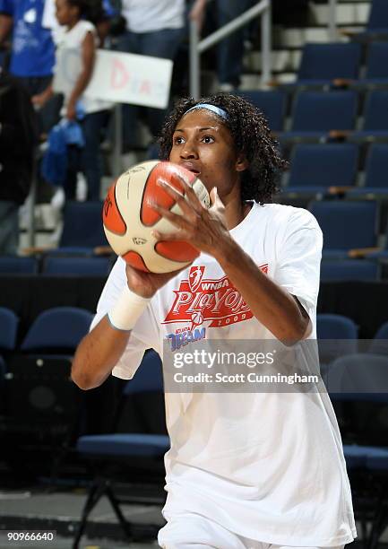Angel McCoughtry of the Atlanta Dream warms up before Game 2 of the WNBA Eastern Conference Semifinals against the Detroit Shock at Gwinnett Arena on...