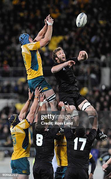 Jason Eaton of the All Blacks and James Horwill of the Wallabies compete in the lineout during the 2009 Tri Nations series Bledisloe Cup match...