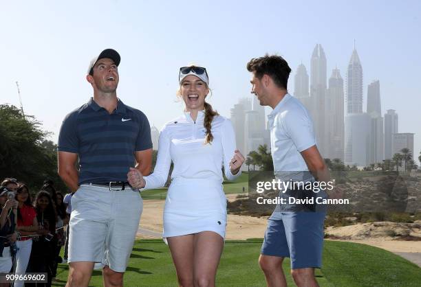 Niall Horan the music artist with Rory McIlroy of Northern Ireland and Paige Spiranac of the United States on the eighth tee during the pro-am as a...