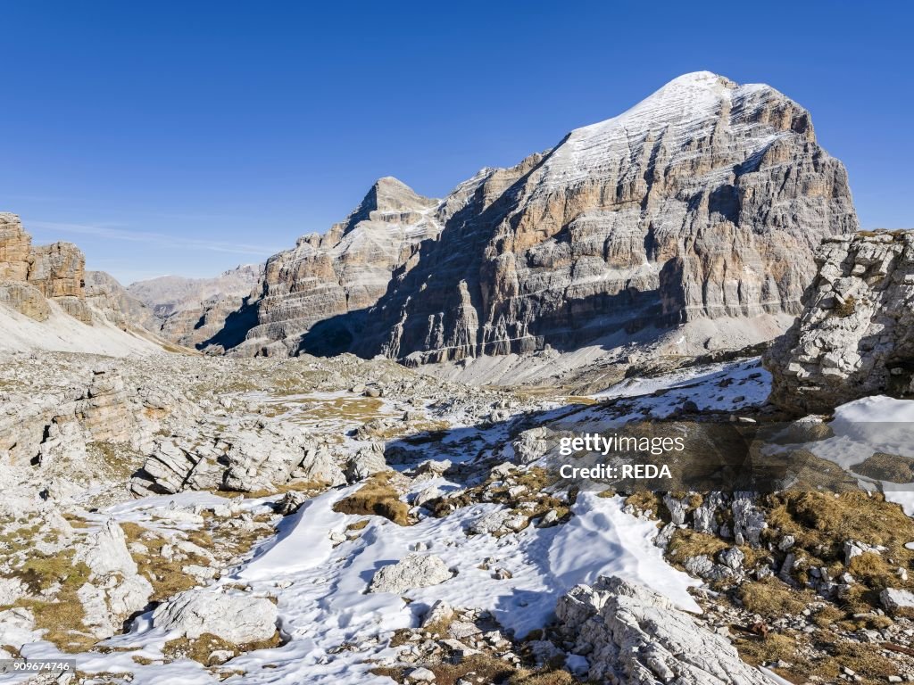 The Tofane peaks from Val Travenanzes in the Dolomites near Cortina d'Ampezzo. The Dolomites are listed as UNESCO World heritage. europe. central europe. italy. november