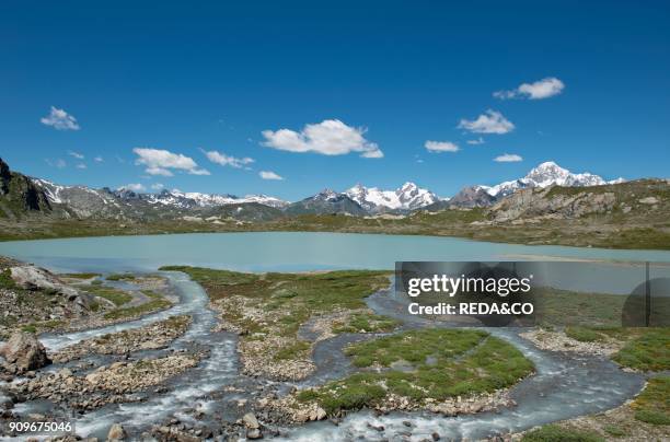 Landscape with Monte Bianco massif. Alpi Graie. Alps. Valle d'Aosta valley. Italy. Europe.