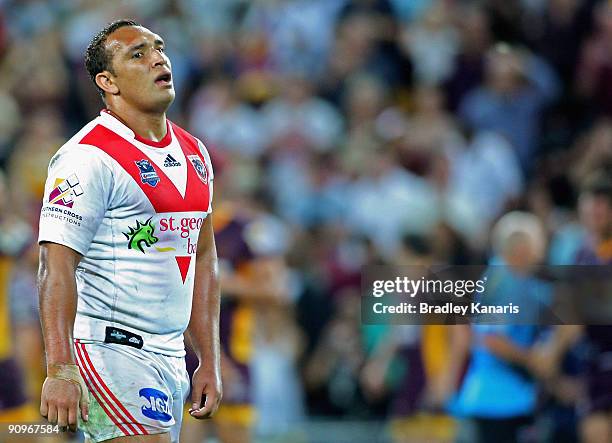 Neville Costigan of the Dragons is dejected after his team loses the second NRL semi final match between the Brisbane Broncos and the St George...