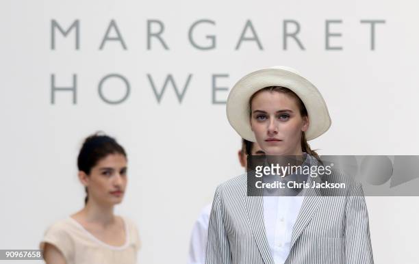 Models walk down the catwalk during the Margaret Howell Fashion Spring/Summer 2010 show at London Fashion Week 2009 at the Margaret Howell Store on...