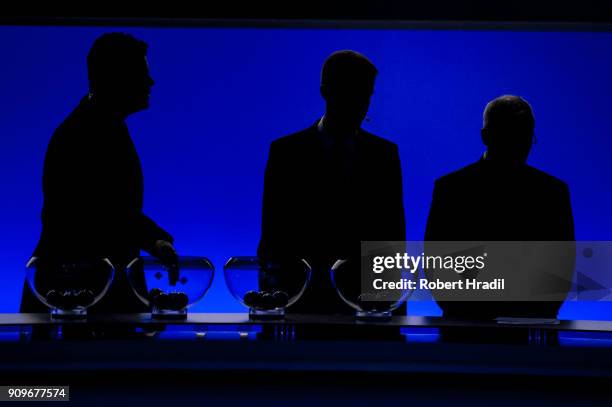 General view of the UEFA draw bowls during the UEFA Nations League Draw 2018 at Swiss Tech Convention Center on January 24, 2018 in Lausanne,...