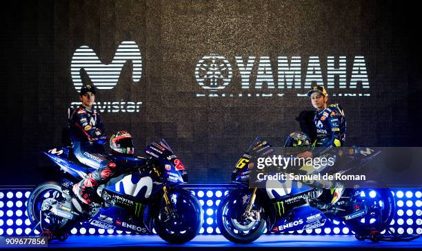 Riders Maverick Vinales and Valentino Rossi attend the Movistar Yamaha Team Presentation 2018 on January 24, 2018 in Madrid, Spain.