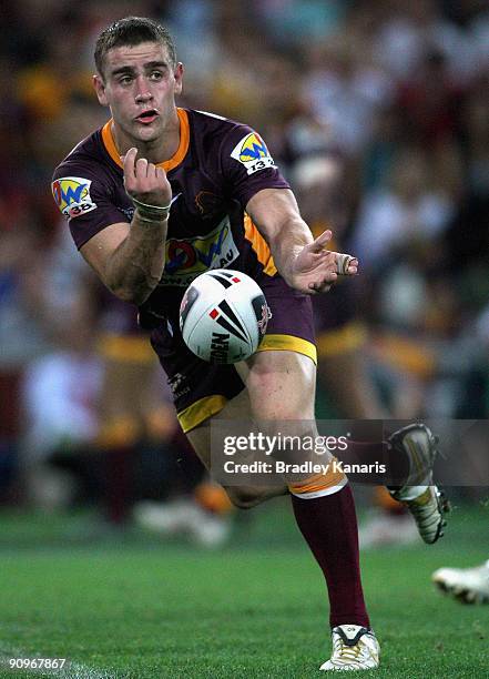 Andrew McCullough of the Broncos passes the ball during the second NRL semi final match between the Brisbane Broncos and the St George Illawarra...