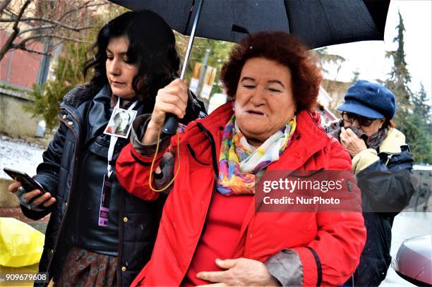 Turkey's well-known singer and songwriter Selda Bagcan arrives at the spot, where Turkish journalist Ugur Mumcu was assassinated, during a...