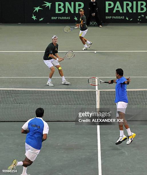 Indian Tennis palyer Mahesh Bhupathi and teammate Rohan Bopanna play aginst South African duo Wesley Moodie and Jeff Coetzee at Ellis Park Indoor...