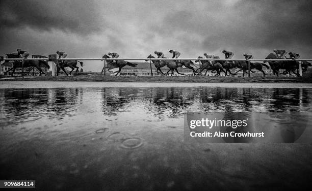 General view of racing on a wet day at Lingfield Park racecourse on January 24, 2018 in Lingfield, England.