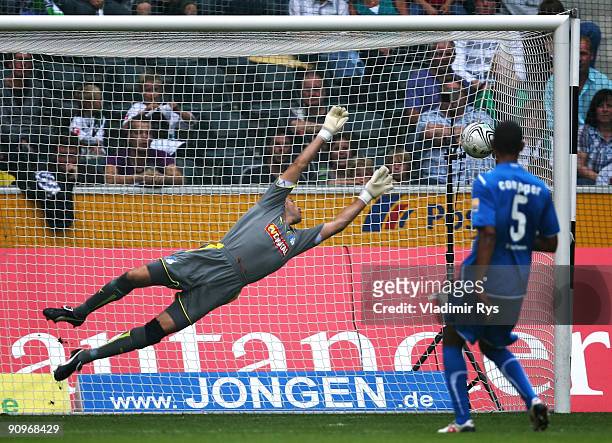 Timo Hildebrand of Hoffenheim concedes the 1:0 goal scored by Juan Arango of Gladbach during the Bundesliga match between Borussia Moenchengladbach...