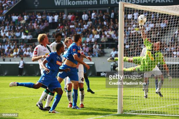 Sejad Salihovic of Hoffenheim scores the 2:1 goal against Logan Bailly of Gladbach during the Bundesliga match between Borussia Moenchengladbach and...