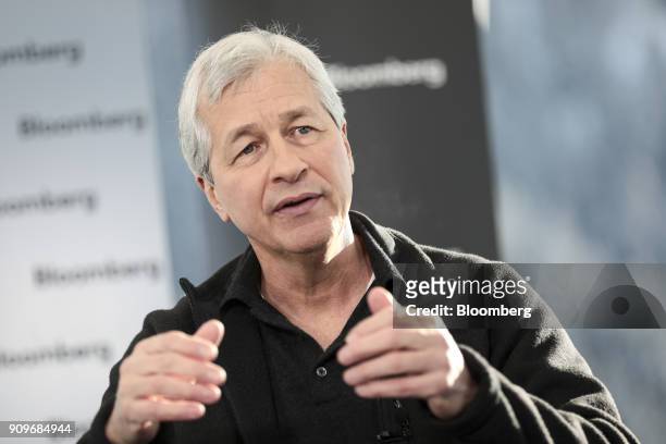 Jamie Dimon, chief executive officer of JPMorgan Chase & Co., gestures as he speaks during a Bloomberg Television interview on day two of the World...