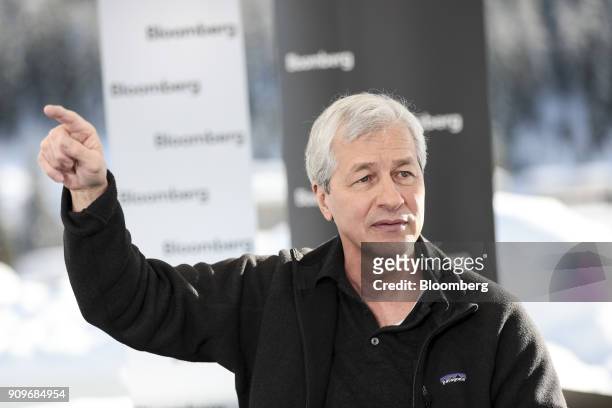 Jamie Dimon, chief executive officer of JPMorgan Chase & Co., gestures as he speaks during a Bloomberg Television interview on day two of the World...