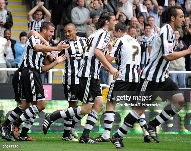 Steven Taylor celebrates his opening goal with Newcastle teammates during the Coca-Cola Championship match between Newcastle United and Plymouth...