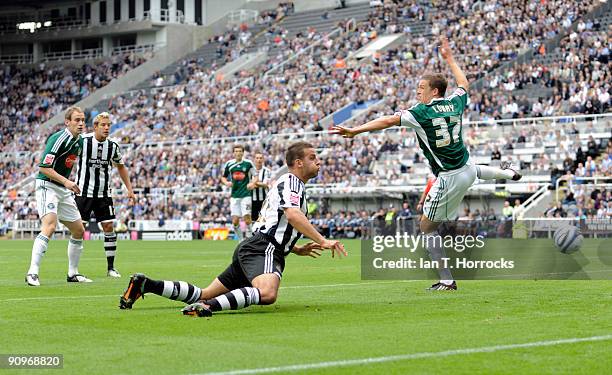 Steven Taylor of Newcastle scores the opening goal of the Coca-Cola Championship match between Newcastle United and Plymouth Argyle at St James' Park...