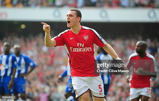 Thomas Vermaelen of Arsenal celebrates his goal during the Barclays Premier League match between Arsenal and Wigan Athletic at the Emirates Stadium...