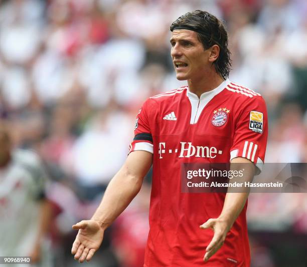 Mario Gomez of Muenchen reacts during the Bundesliga match between FC Bayern Muenchen and 1. FC Nuernberg at Allianz Arena on September 19, 2009 in...