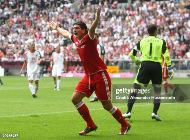 Mario Gomez of Muenchen reacts during the Bundesliga match between FC Bayern Muenchen and 1. FC Nuernberg at Allianz Arena on September 19, 2009 in...