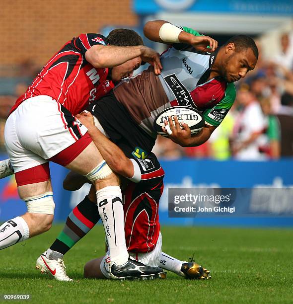 Jordan Turner-Hall of Harlequins is tackled during the Guinness Premiership game between Harlequins and Saracens at The Stoop on September 19, 2009...