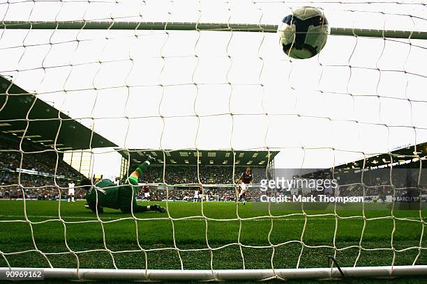 Graham Alexander of Burnley puts his penalty kick past Craig Gordon of Sunderland during the Barclays Premier League match between Burnley and...