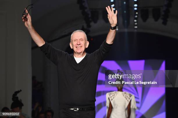 Jean-Paul Gaultier acknowledges applause on the runway during the Jean-Paul Gaultier Spring Summer 2018 show as part of Paris Fashion Week on January...