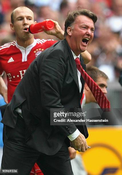 Louis van Gaal, head coach of Muenchen celebrates the 2nd goal for his team during the Bundesliga match between FC Bayern Muenchen and 1. FC...
