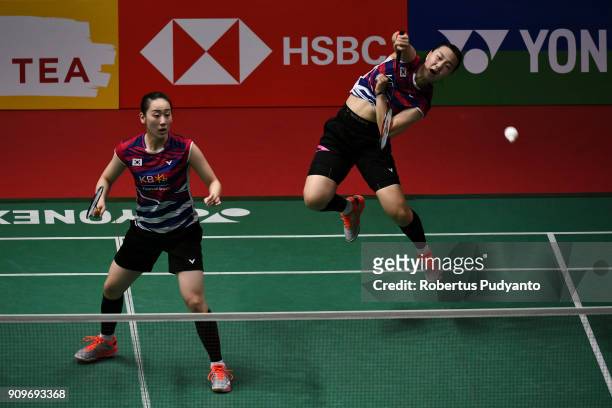 Lee So Hee and Shin Seung Chan of Korea compete against Tang Jin Hua and Yu Xiao Han of China during Women Doubles Round 32 match of the Daihatsu...