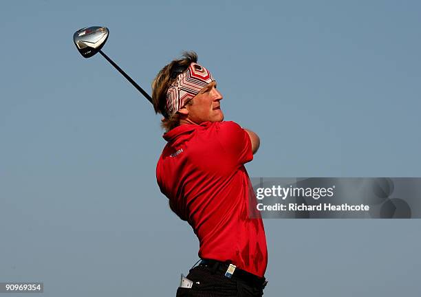 Pelle Edberg of Sweden tees off at the 15th during the third round of the Austrian Golf Open at Fontana Golf Club on September 19, 2009 in Vienna,...