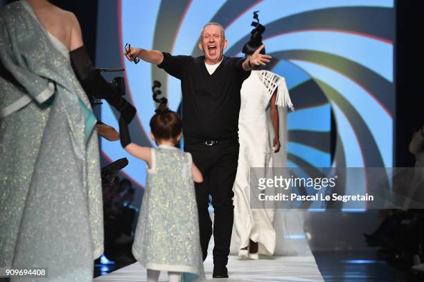 Coco Rocha, her daughter Ioni Conran and Jean-Paul Gaultier walk the runway during the Jean-Paul Gaultier Spring Summer 2018 show as part of Paris...