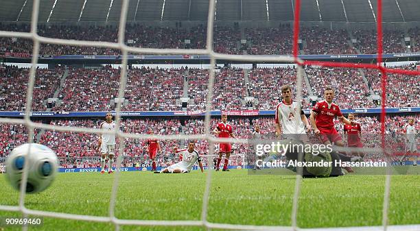 Ivica Olic of Muenchen scores his first team goal during the Bundesliga match between FC Bayern Muenchen and 1. FC Nuernberg at Allianz Arena on...