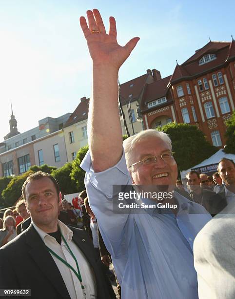 German Vice Chancellor, Foreign Minister and lead candidate for the German Social Democrats Frank-Walter Steinmeier greets supporters as he arrives...