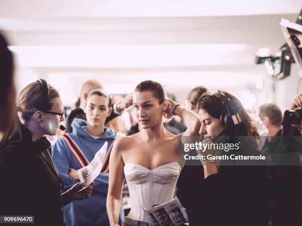 Model Bella Hadid poses backstage prior the Alexandre Vauthier Spring Summer 2018 show as part of Paris Fashion Week on January 23, 2018 in Paris,...