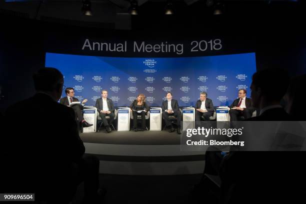 From left to right, John Fraher, senior executive editor at Bloomberg News, Arkady Dvorkovich, Russia's deputy prime minister, Emma Marcegaglia,...