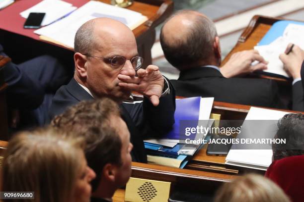 French Education Minister Jean-Michel Blanquer looks on during a session of questions to the government on January 24, 2018 at the National Assembly...