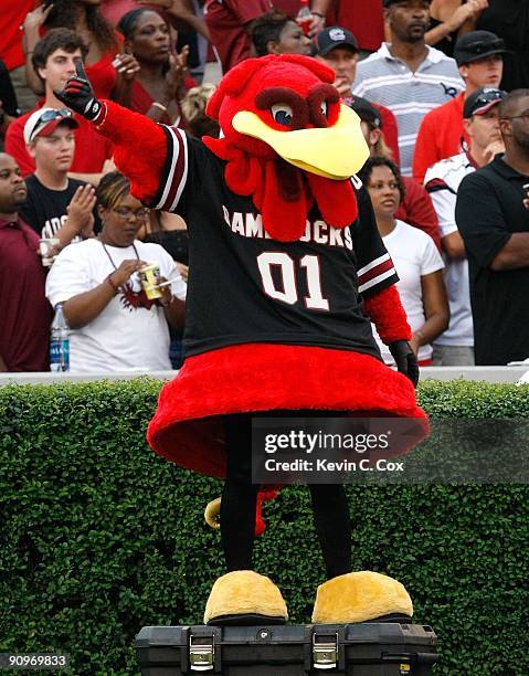 Cocky, mascot of the South Carolina Gamecocks, watches from the sidelines against the Georgia Bulldogs at Sanford Stadium on September 12, 2009 in...