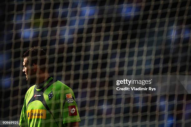 Logan Bailly of Gladbach looks on during the Bundesliga match between Borussia Moenchengladbach and 1899 Hoffenheim at Borussia Park Stadium on...